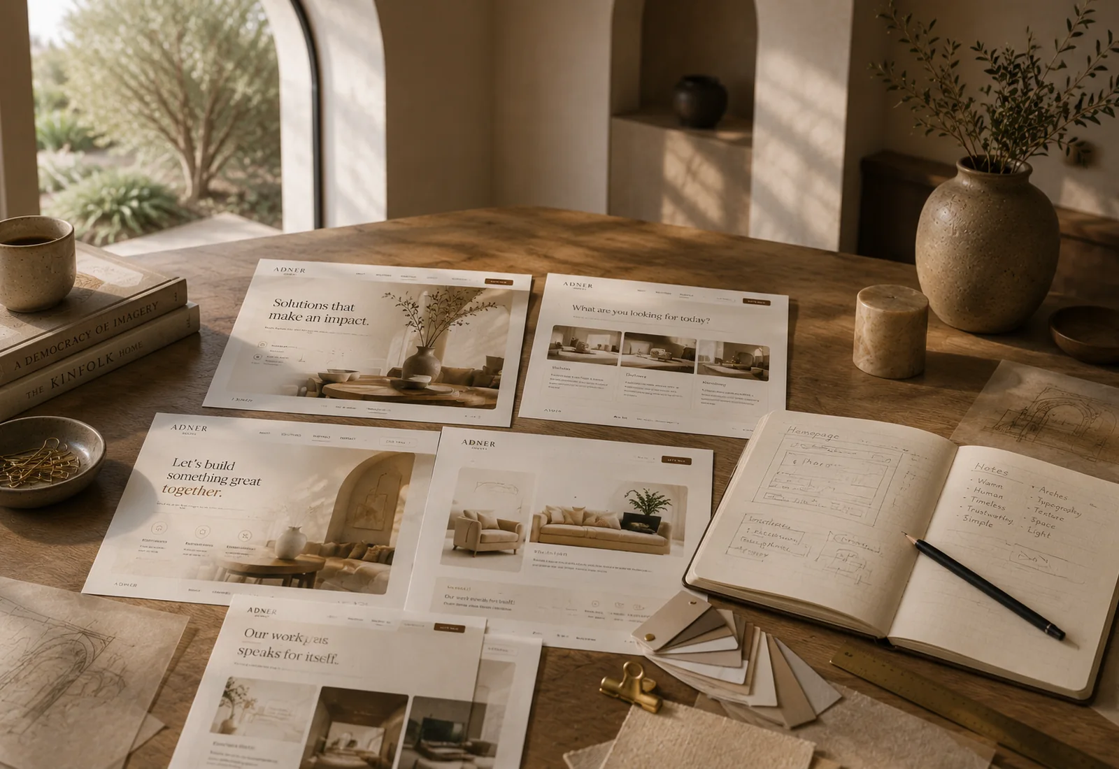 Printed ADNER website concepts, sketches and material samples in a warm design studio